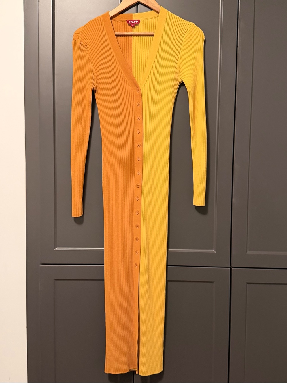 STAUD Two-Tone Ribbed Button-Front Maxi Dress or Cardigan in Honey Goldie M - Picture 3 of 10
